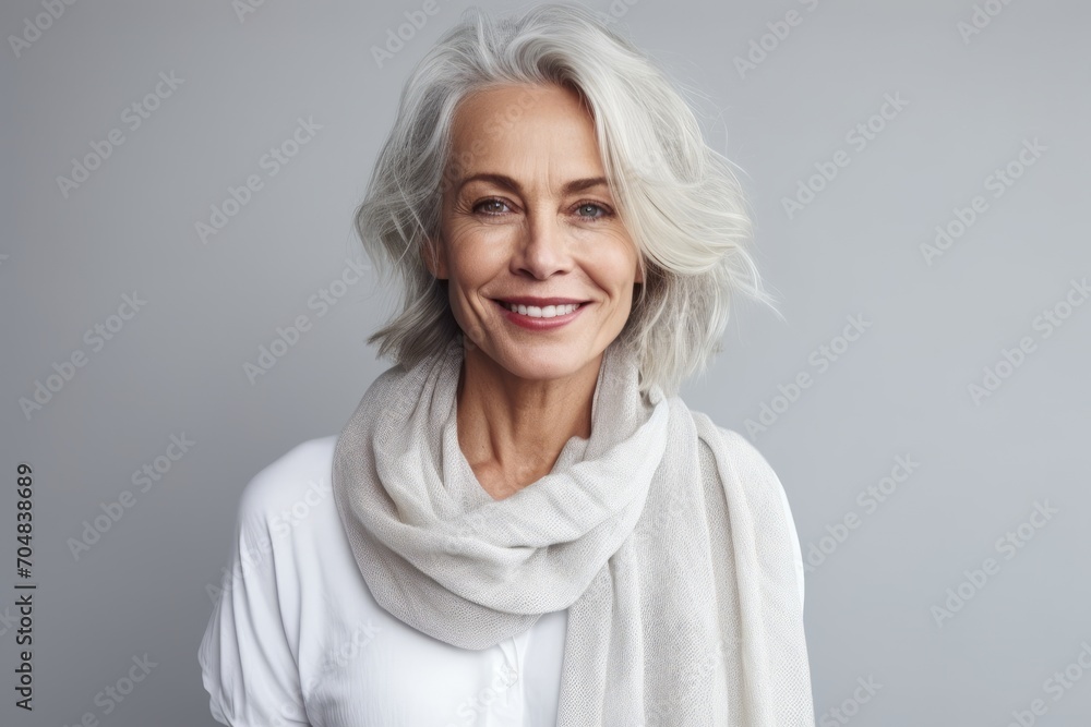 Portrait of a beautiful senior woman with grey hair wearing a scarf Portrait of a beautiful senior woman with grey hair wearing a scarf