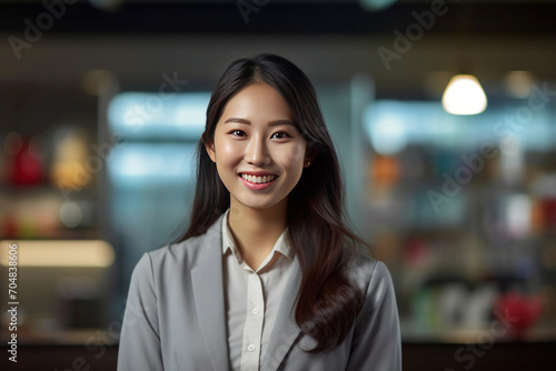 Asian young business woman standing in an office smiling confidently. Business corporate people background.