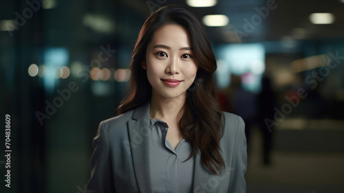 Asian young business woman standing in an office smiling confidently. Business corporate people background.