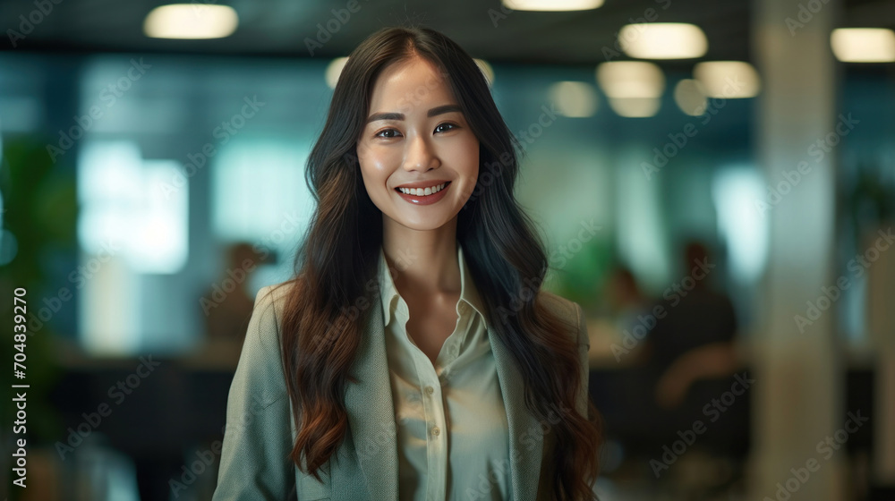 Asian young business woman standing in an office smiling confidently. Business corporate people background. Asian young business woman standing in an office smiling confidently. Business corporate people background.