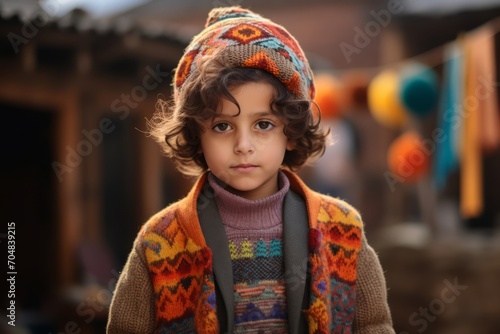 Adorable little girl with curly hair in a knitted hat on the street