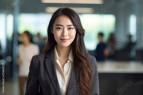 Asian young business woman standing in an office smiling confidently. Business corporate people background.