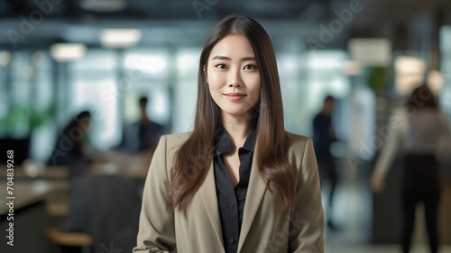 Asian young business woman standing in an office smiling confidently. Business corporate people background. © tong2530