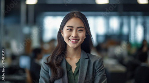 Asian young business woman standing in an office smiling confidently. Business corporate people background.