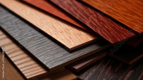 Close up of laminated, veneer, engineering wood flooring samples. Wood texture for furniture and flooring furnishing material samples. interior material design samples.