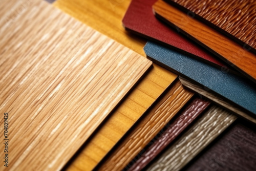 Close up of laminated  veneer  engineering wood flooring samples. Wood texture for furniture and flooring furnishing material samples. interior material design samples.