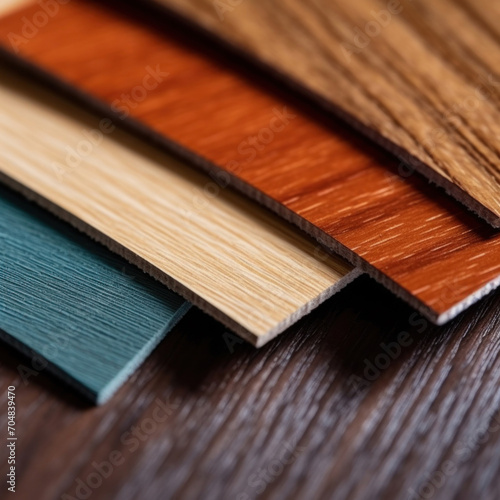 Close up of laminated, veneer, engineering wood flooring samples. Wood texture for furniture and flooring furnishing material samples. interior material design samples.