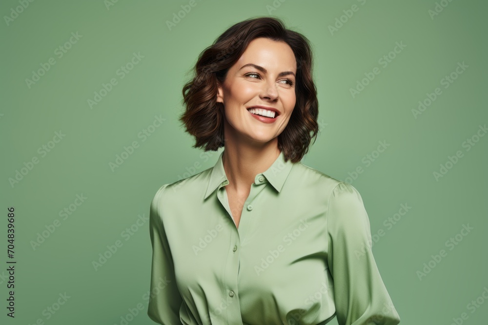 Portrait of happy smiling business woman in green shirt, over green background Portrait of happy smiling business woman in green shirt, over green background