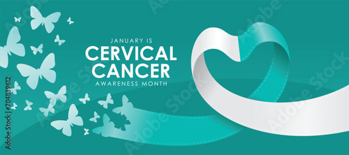 January is cervical cancer awareness month text and teal white ribbon roll waving to heart shape with butterflys fly out on dark teal background vector design photo