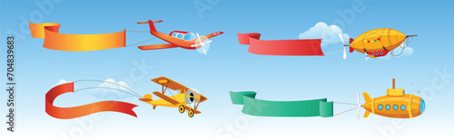 Air Vehicle Flying in Blue Sky with Ribbon Vector Set