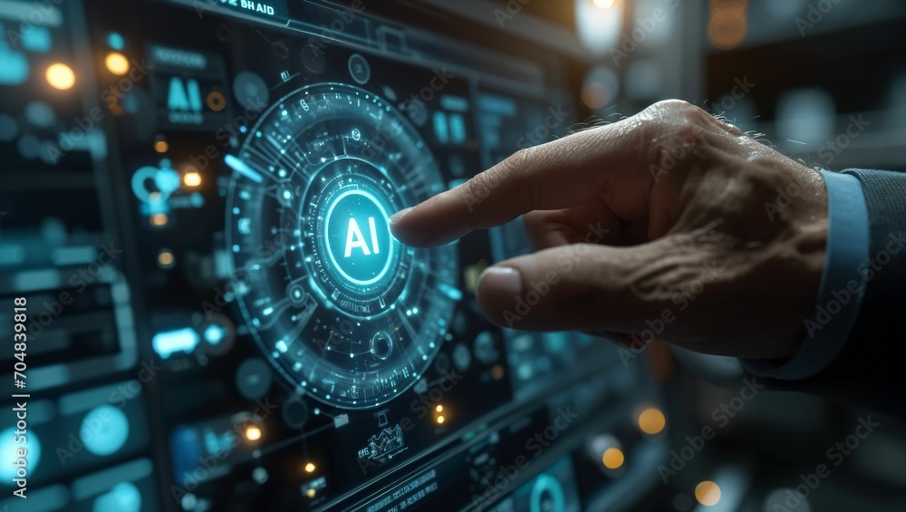 Fototapeta premium Businessman hand pushing a AI button, AI touch screen hologram, technology concept