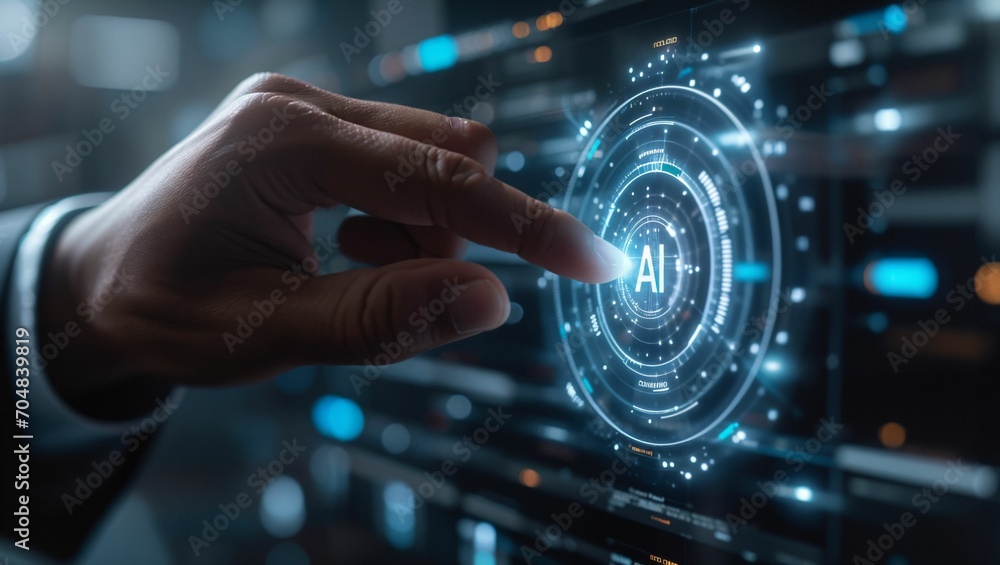 Businessman hand pushing a AI button, AI touch screen hologram, technology concept Businessman hand pushing a AI button, AI touch screen hologram, technology concept