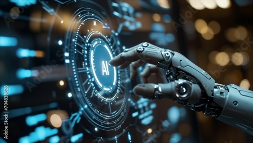 Robot hand pushing a AI button, AI touch screen hologram, technology concept