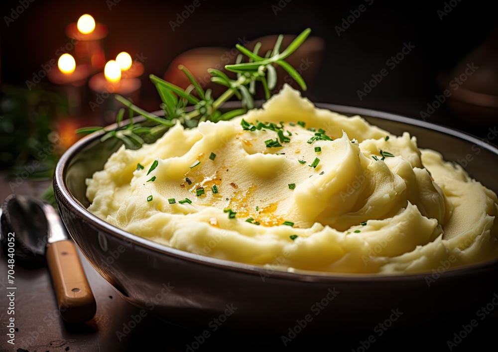 A close-up shot of a steaming bowl of Thanksgiving mashed potatoes, with creamy butter melting on A close-up shot of a steaming bowl of Thanksgiving mashed potatoes, with creamy butter melting on