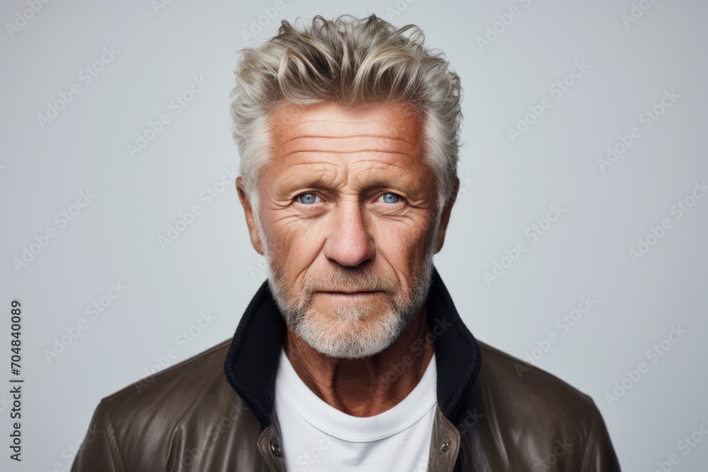 Portrait of a senior man wearing a leather jacket and looking at camera. Portrait of a senior man wearing a leather jacket and looking at camera.
