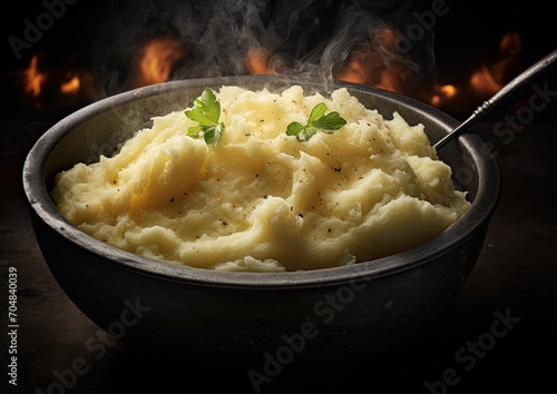 A close-up shot of a steaming bowl of mashed potatoes, captured from a high angle to showcase its