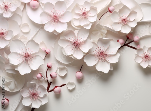 Beautiful sakura flowers on light background, top view. Space for text © lublubachka