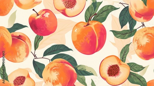  a close up of a pattern of peaches and leaves on a white background with oranges and green leaves. © Olga