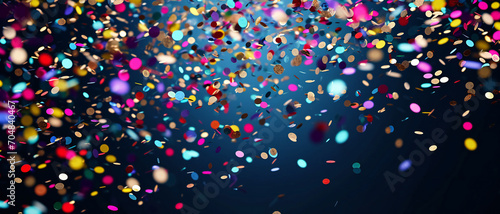falling colorful confetti. Colorful confetti flying in air on blue background. photo