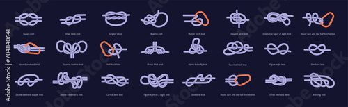Different marine knots set. Learning, tutorial who to reef climbing nodes. Carrick, running, eight figure bonds. Hiking string bundles with hitch, sailor rope ties. Flat isolated vector illustration photo