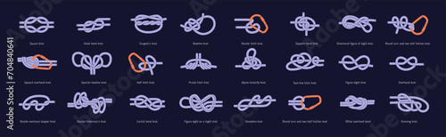 Different marine knots set. Learning, tutorial who to reef climbing nodes. Carrick, running, eight figure bonds. Hiking string bundles with hitch, sailor rope ties. Flat isolated vector illustration