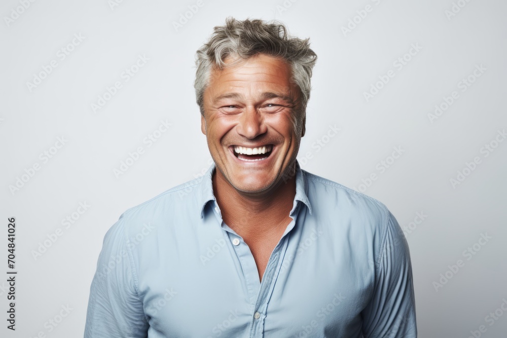 Portrait of a happy mature man laughing against a grey background. Portrait of a happy mature man laughing against a grey background.