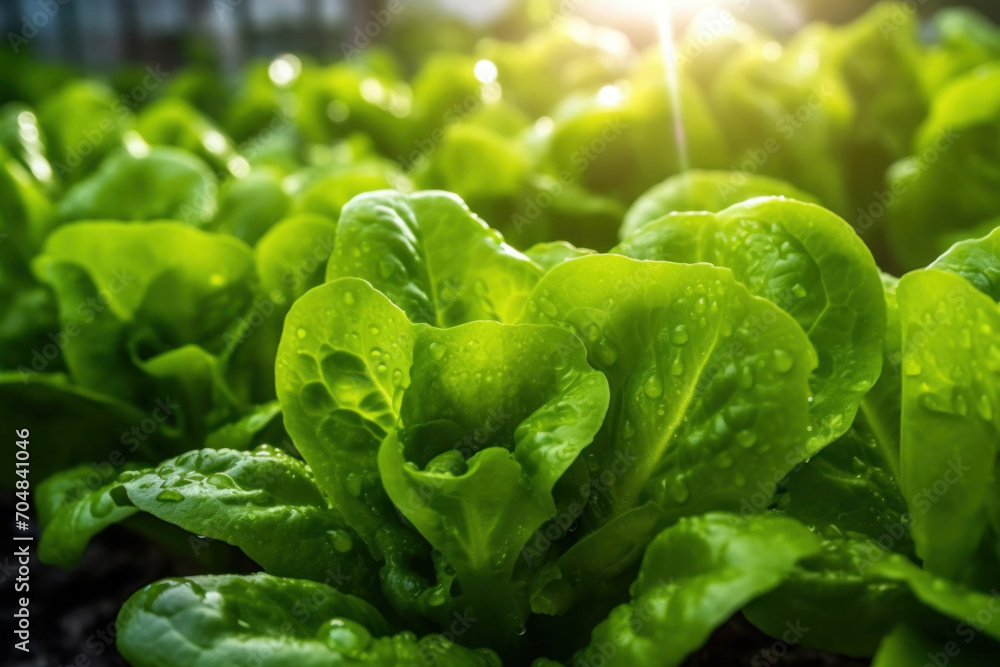 Close up of lettuce grown in greenhouse with drip irrigation hose system. Close up of lettuce grown in greenhouse with drip irrigation hose system.