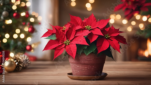 Text space on holiday decoration background with traditional poinsettia in wicker pot gifts