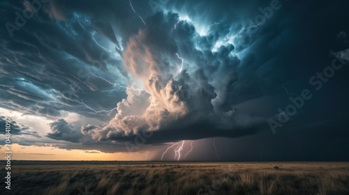  a large cloud with a lightning bolt coming out of it's center surrounded by a field of tall grass. photo