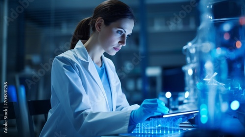A female researcher uses a tablet computer in a modern high-tech laboratory. Genetics, medicine, advanced technologies, pharmaceuticals concepts.