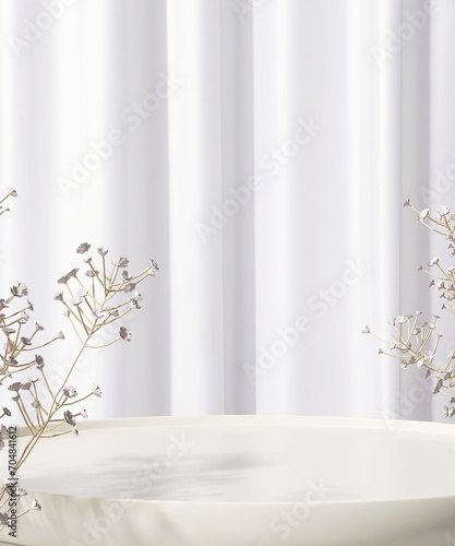 Empty modern glossy white round podium side table, flower bouquet, soft drapery curtain drapes in sunlight for luxury cosmetic, skincare, beauty treatment, fashion product display background 3D
