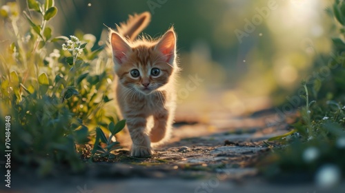  a small kitten walking down a dirt road next to grass and a bush with green leaves on top of it.
