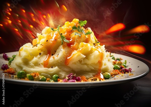A close-up shot of a Thanksgiving plate, with mashed potatoes forming the canvas for an abstract