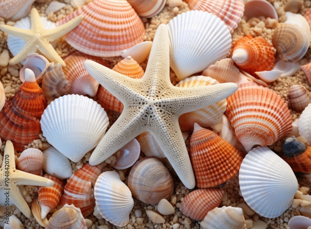 Seashells and starfish on sand background. Top view