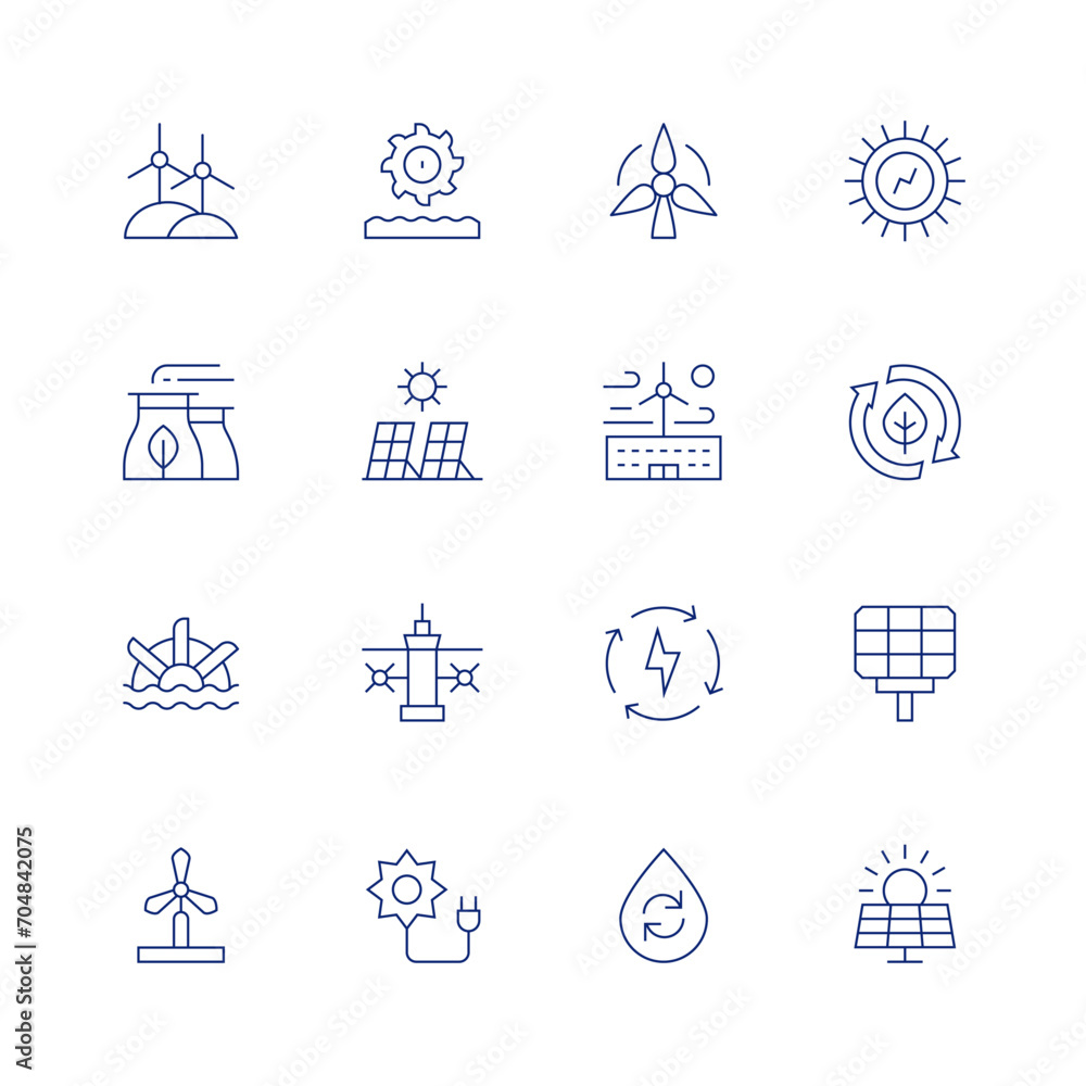 Renewable energy line icon set on transparent background with editable stroke. Containing wind power, hydro power, factory, solar panel, water mill, tidal power, windmill, solar energy, wind energy.