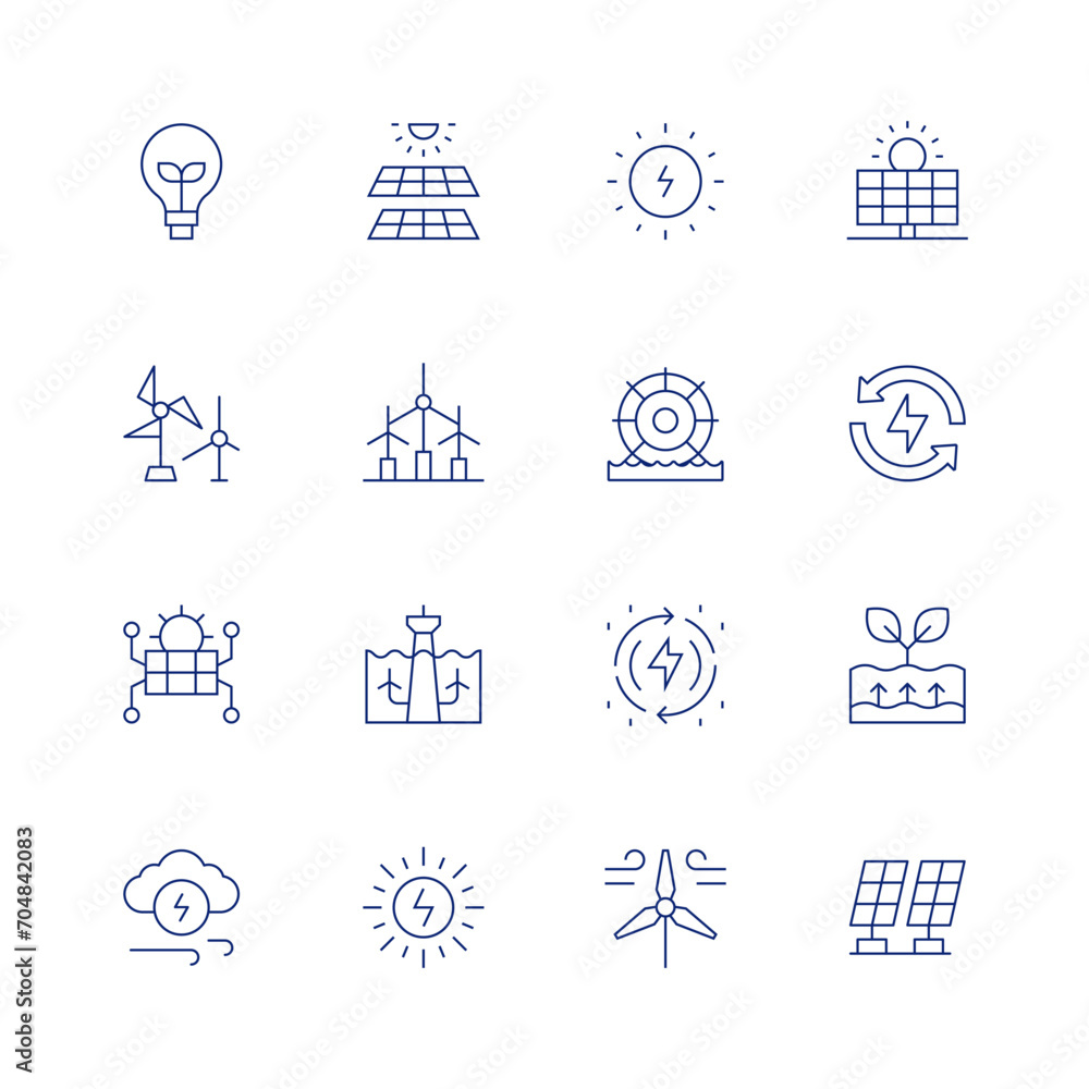 Renewable energy line icon set on transparent background with editable stroke. Containing light bulb, solar panel, windmills, wind turbine, tidal power, wind power, solar energy, sun energy. - obrazy, fototapety, plakaty 