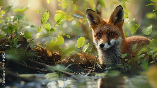  a close up of a fox in the grass near a body of water with trees and plants in the background.