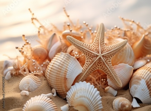 Sea shells and starfish on sandy beach, closeup. Summer vacation