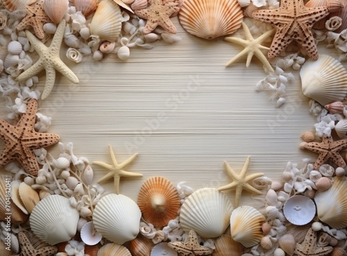 Frame of seashells and starfish on white wooden background.