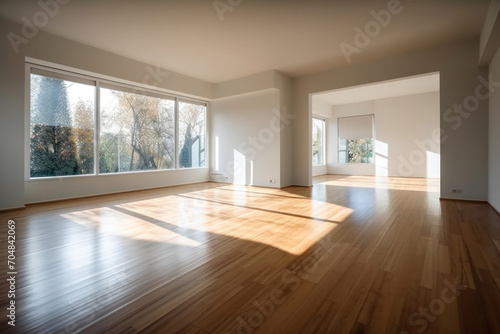 Interior of empty spacious living room with white walls and laminated floor.