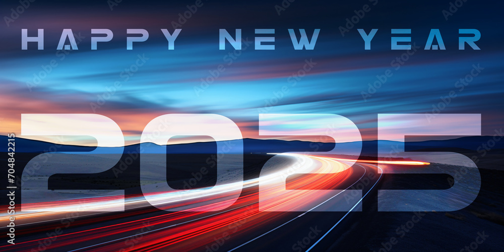 modern new year 2025 card design, illuminated highway landscape with colorful motion lines modern new year 2025 card design, illuminated highway landscape with colorful motion lines