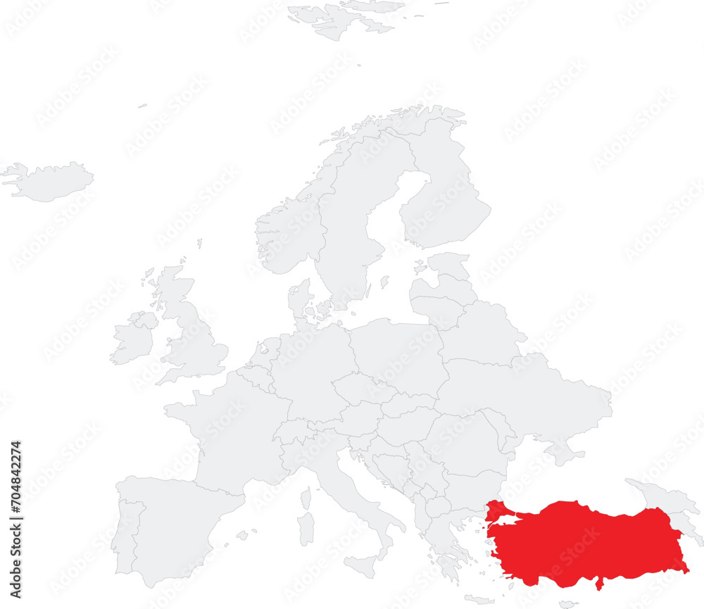 Red CMYK national map of TURKEY/TURKIYE inside gray blank political map of European continent on transparent background using Robinson projection