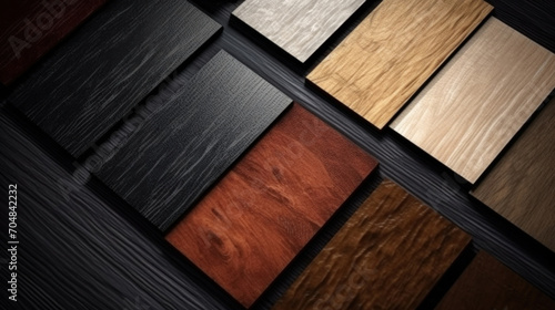 Samples of laminate and vinyl floor tile on black wooden background. Top view photo