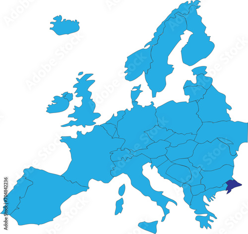 Dark blue CMYK national map of TURKEY/TURKIYE inside simplified blue blank political map of European continent on transparent background using Peters projection
