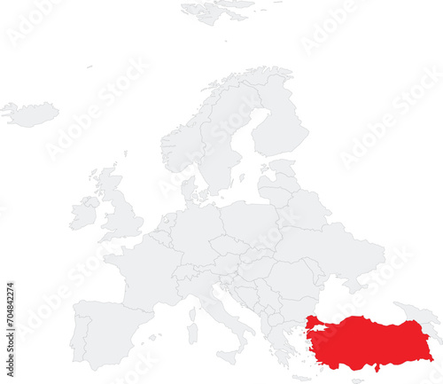 Red CMYK national map of TURKEY/TURKIYE inside gray blank political map of European continent on transparent background using Robinson projection