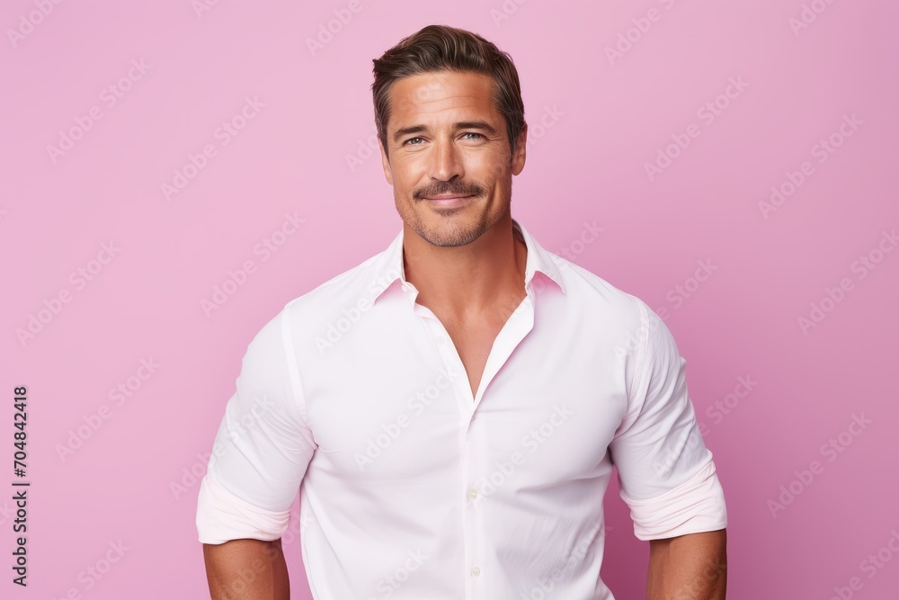 Handsome young man in white shirt smiling and looking at camera while standing against pink background Handsome young man in white shirt smiling and looking at camera while standing against pink background