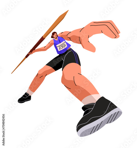 Professional athlete throws javelin. Sportswoman prepares, swings to toss dart, spear. Sportsman training. Track and field sport. Dynamic motion. Flat isolated vector illustration on white background