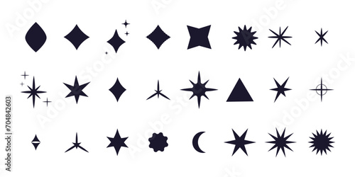 Set star sparkle silhouette y2k burst  geometry abstract shape isolated on white background. Collection futuristic hipster design elements
