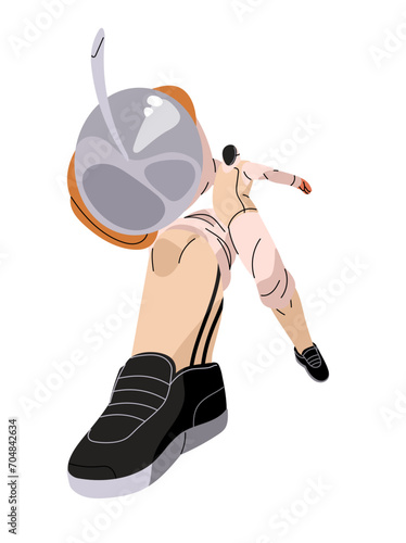 Fencing athlete attacks with foil. Professional fencer in protective uniform training with epee. Sword fighting. Combat sport. Dynamic motion. Flat isolated vector illustration on white background
