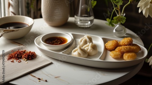  a white plate topped with dumplings next to a bowl of dipping sauce and a cup of coffee on a table.